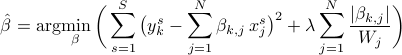  hat{beta} = arg!min_{beta}  bigg( sum_{s=1}^S big({y}^{s}_k- sum_{j=1}^N beta_{k,j},{x}^{s}_j big)^2+ lambda sum_{j=1}^N frac{|beta_{k,j}|}{W_j} bigg) 